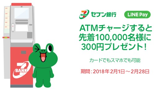 LINE Pay セブン銀行ATMチャージで300円プレゼント